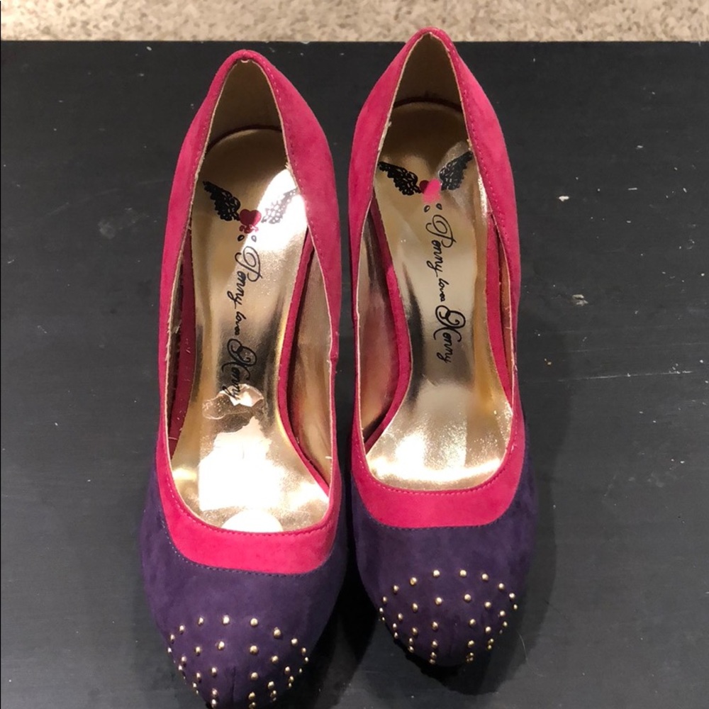 Pink and purple suede platform heels